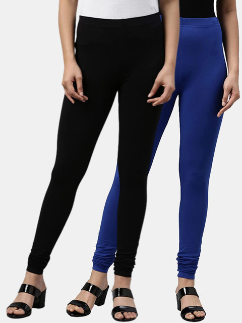 

FRENCH KLEIDER Girls Pack of 2 Black & Blue Solid Churidar-Length Cotton Leggings