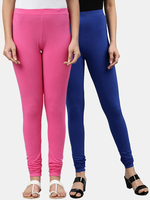 

FRENCH KLEIDER Girls Pack of 2 Pink & Blue Solid Churidar-Length Cotton Leggings