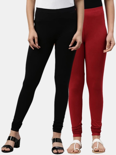 

FRENCH KLEIDER Girls Pack of 2 Black & Maroon Solid Churidar-Length Cotton Leggings