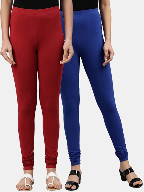 

FRENCH KLEIDER Girls Pack of 2 Blue & Maroon Solid Churidar-Length Cotton Leggings