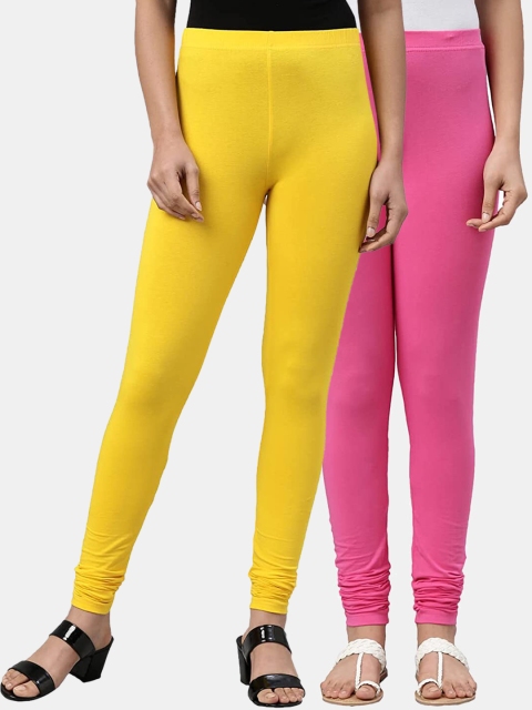 

FRENCH KLEIDER Girls Pack of 2 Pink & Yellow Solid Churidar-Length Cotton Leggings