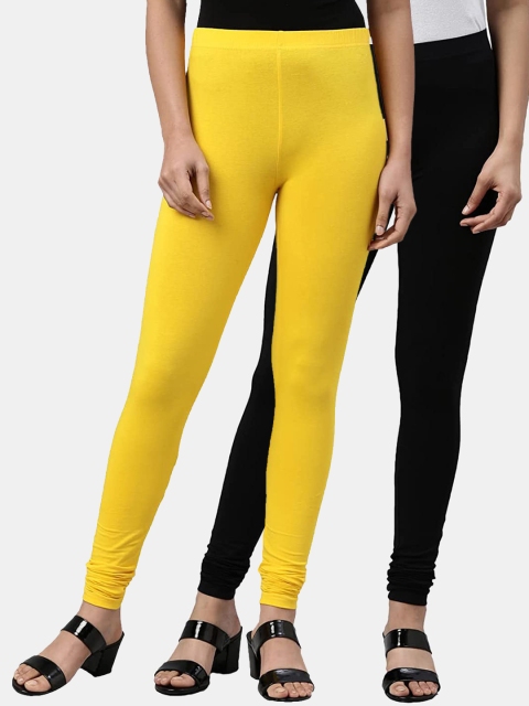 

FRENCH KLEIDER Girls Pack of 2 Black & Yellow Solid Churidar-Length Cotton Leggings