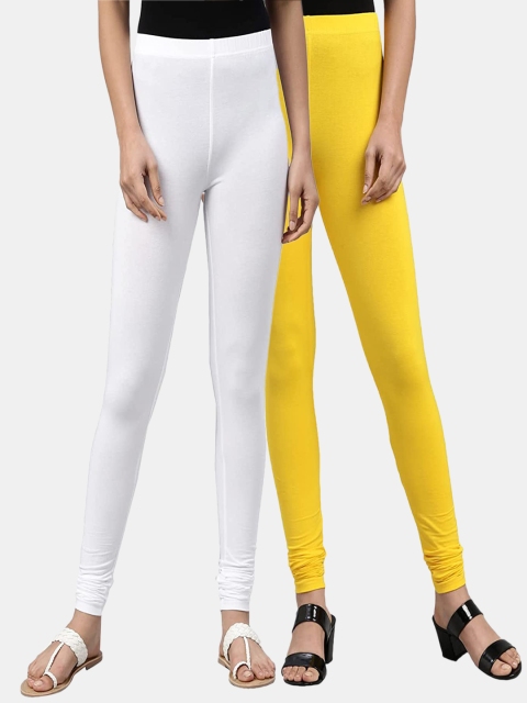 

FRENCH KLEIDER Girls pack of 2 Yellow & White Solid Churidar-Length Cotton Leggings