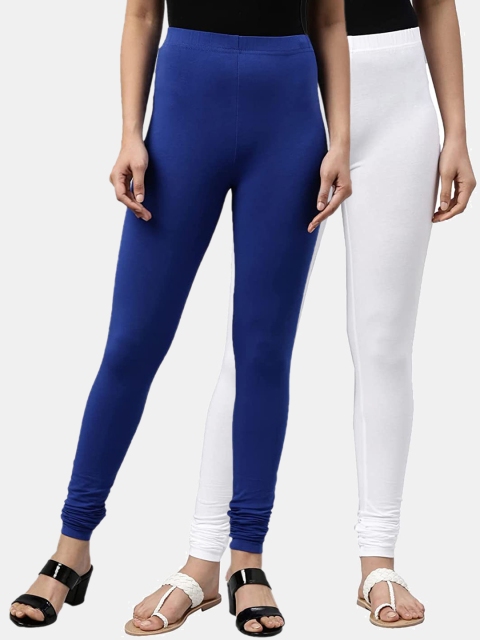 

FRENCH KLEIDER Girls Pack of 2 Blue & White Solid Churidar-Length Cotton Leggings