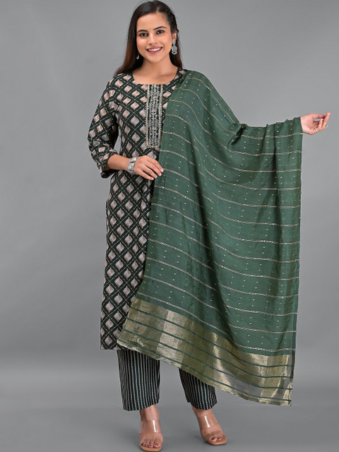 

EtnicaWear Women Green Floral Printed Pure Cotton Kurta with Trousers & With Dupatta