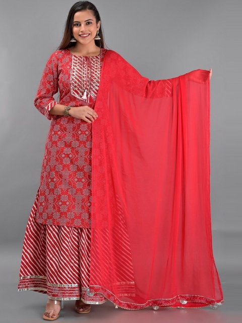 

EtnicaWear Women Red Floral Embroidered Pure Cotton Kurta with Sharara & With Dupatta