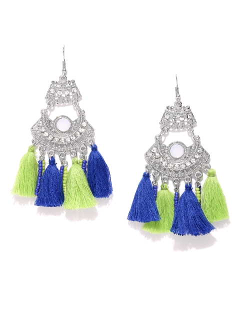 

Blueberry Silver-Toned & Green Tassel Drop Earrings