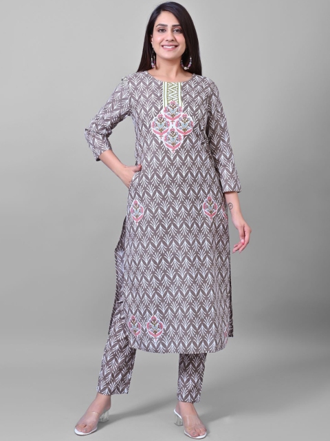 

PRAKRTEE Women Grey Floral Printed Panelled Sequinned Pure Cotton Kurta with Harem Pants & With Dupatta