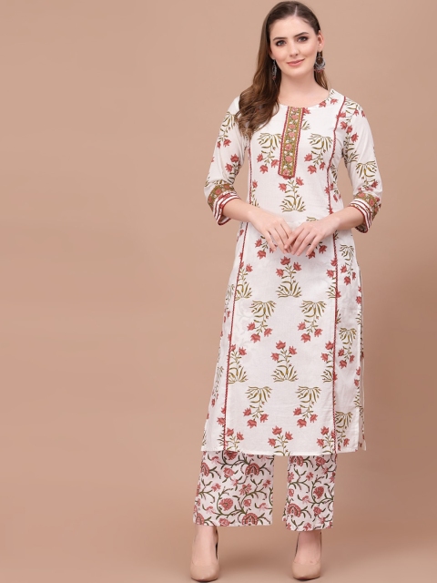 

PRAKRTEE Women White Floral Printed Pure Cotton Kurta with Palazzos & With Dupatta