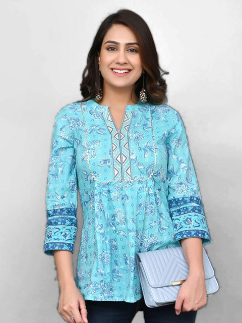 

PRAKRTEE Blue Pure Cotton Floral Print Mandarin Collar Top