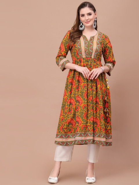 

PRAKRTEE Women Mustard Yellow & Red Floral Printed Cotton Kurta