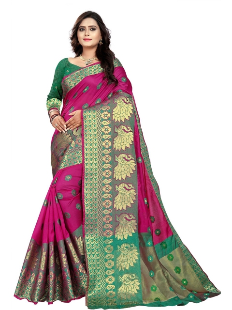 

DITISA FASHION Pink & Green Ethnic Motifs Zari Silk Cotton Banarasi Saree