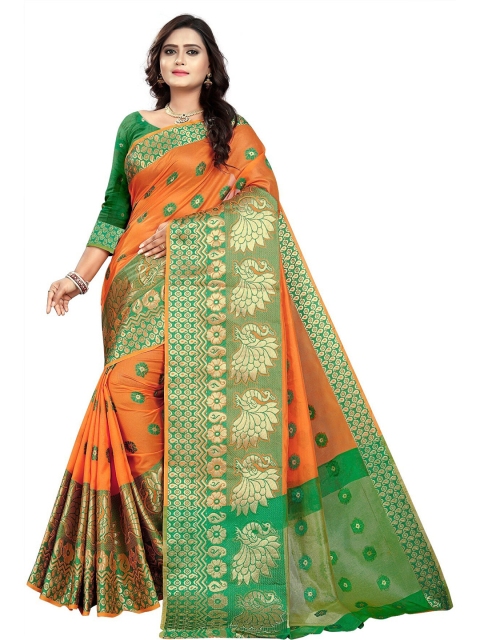 

DITISA FASHION Orange & Green Woven Design Zari Silk Cotton Banarasi Saree