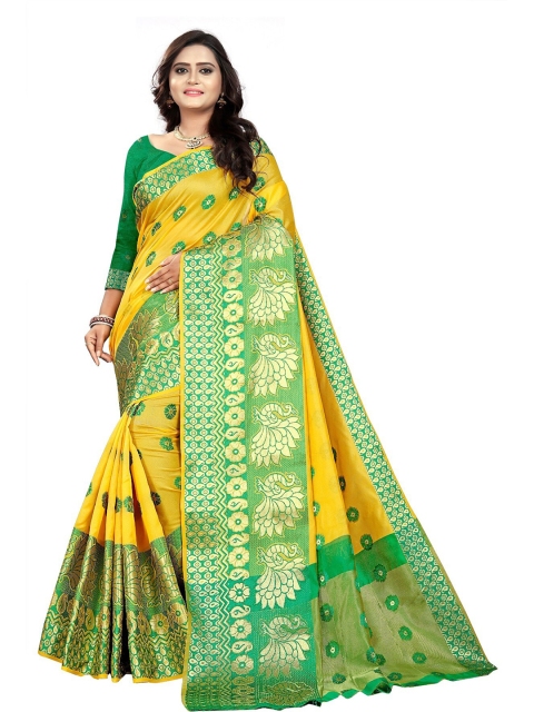 

DITISA FASHION Yellow & Green Ethnic Motifs Zari Silk Cotton Banarasi Saree
