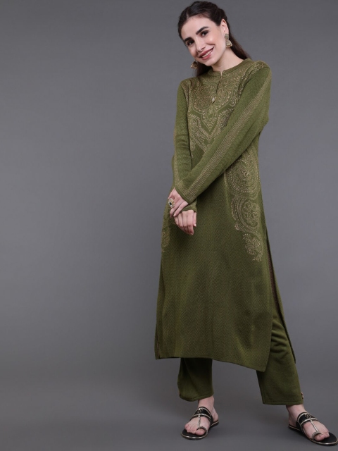 

saubhagya Women Olive Green Printed Kurta with Trousers