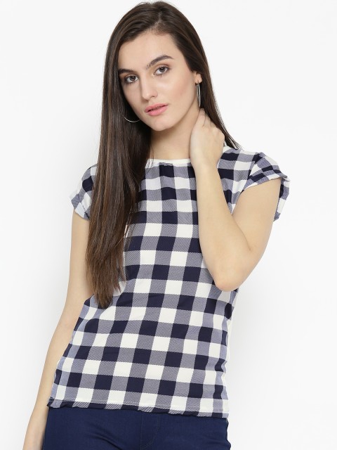 

U&F Women White & Navy Checked Top