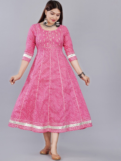 

KALINI Women Pink Leheriya Checked Cotton Flared Kurta