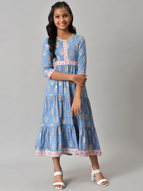 

AURELIA Blue Ethnic Motifs Printed Chiffon Empire Midi Dress