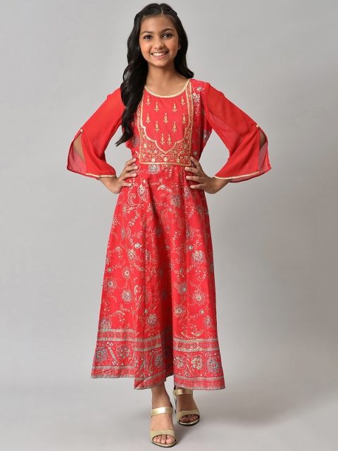 

AURELIA Girls Pink & Gold-Toned Ethnic Motifs Printed Maxi Dress
