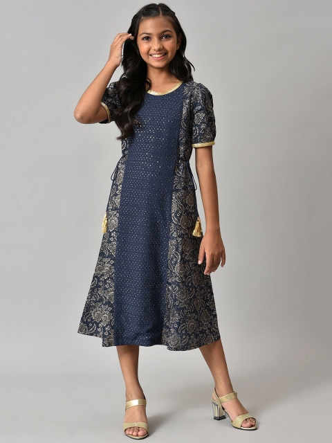 

AURELIA Blue Ethnic Motifs Satin Ethnic A-Line Dress