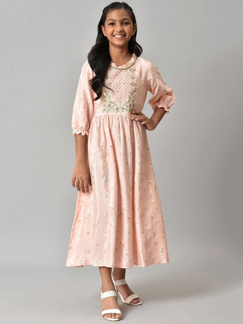 

AURELIA Girls Pink & White Ethnic Motifs Satin Midi Dress