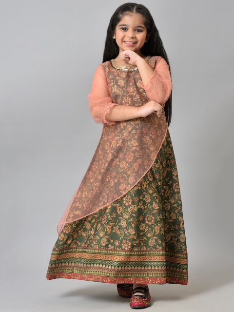 

AURELIA Girls Peach-Coloured & Olive Green Floral Satin Maxi Maxi Dress