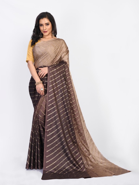 

Fashion FRICKS Coffee Brown & Gold-Toned Striped Silk Blend Chanderi Saree