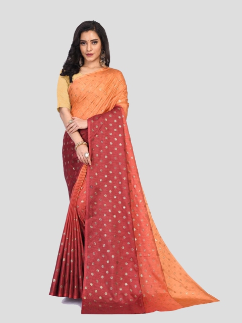 

Fashion FRICKS Orange & Red Floral Silk Blend Chanderi Saree