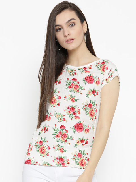 

U&F Women Off-White & Pink Floral Printed Top