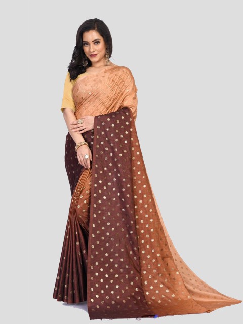 

Fashion FRICKS Orange & Brown Embellished Silk Blend Chanderi Saree