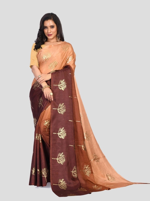 

Fashion FRICKS Orange & Brown Floral Silk Blend Chanderi Saree