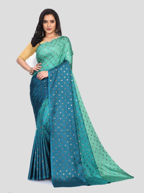 

Fashion FRICKS Turquoise Blue & Silver-Toned Floral Chanderi Saree