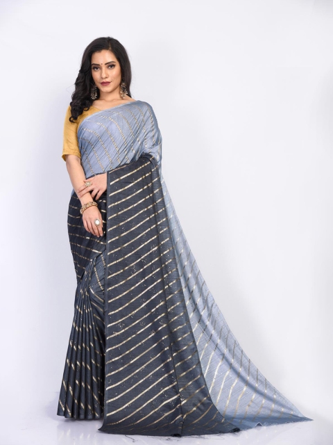 

Fashion FRICKS Grey & Silver-Toned Leheriya Silk Blend Chanderi Saree