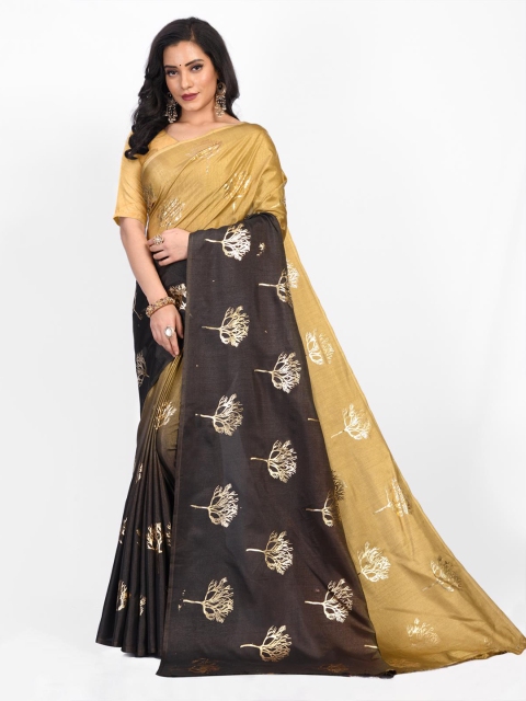 

Fashion FRICKS Beige & Black Floral Silk Blend Chanderi Saree
