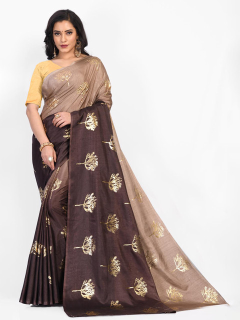 

Fashion FRICKS Brown & Gold-Toned Floral Silk Blend Chanderi Saree