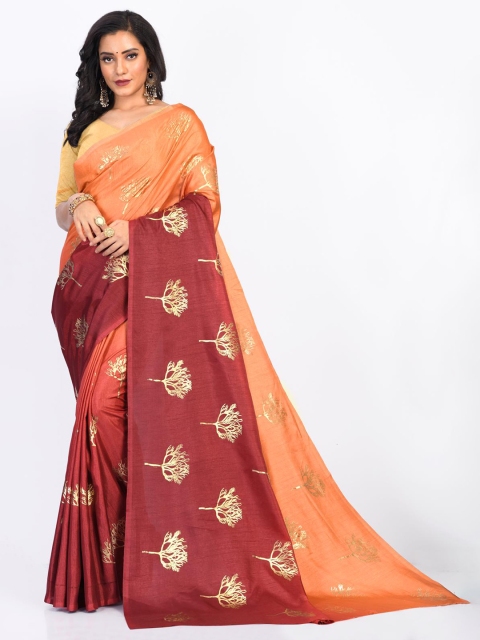 

Fashion FRICKS Orange & Red Floral Silk Blend Chanderi Saree