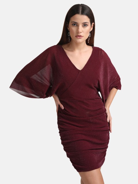 

Kazo Maroon Kimono Sleeves Bodycon Dress
