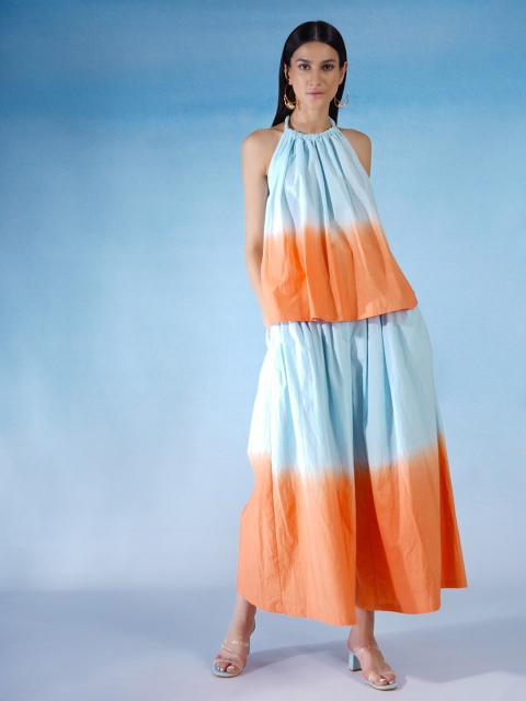 

blue hour Peach-Coloured & Blue Tie and Dye Halter Neck Top