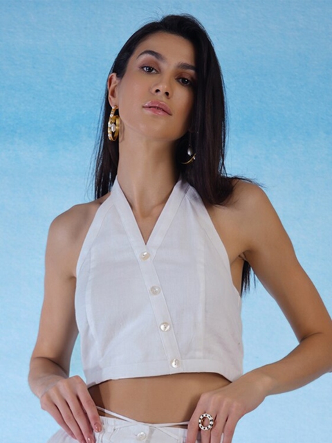 

blue hour Women White Halter Neck Crop Top