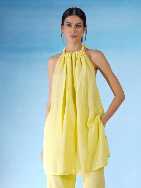 

blue hour Women Yellow Halter Neck Styled Back Top