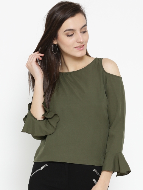 

U&F Women Olive Green Lightweight Solid Cold-Shoulder Top