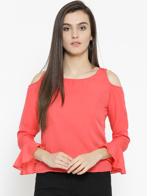

U&F Women Coral Red Solid Cold Shoulder Top