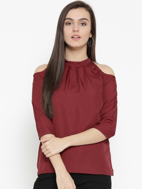 

U&F Women Maroon Solid Cold Shoulder Top