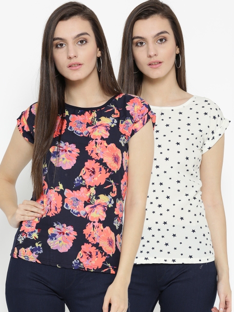 

U&F Women Pack of 2 Printed Lightweight Tops, Navy blue