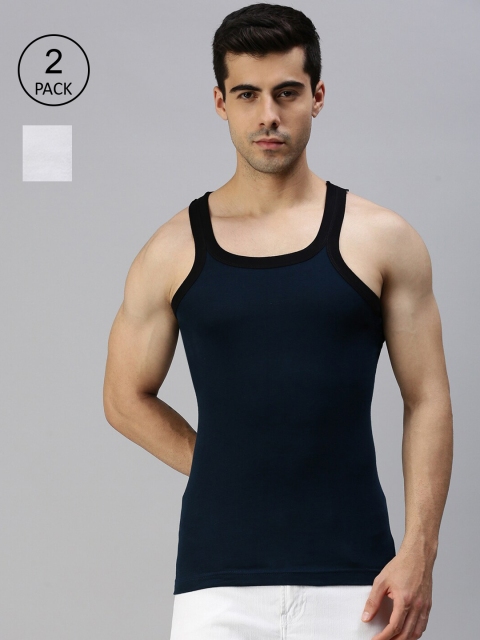

Lux Cozi Men Pack Of 2 Blue & White Solid Organic Cotton Innerwear Vests, Navy blue