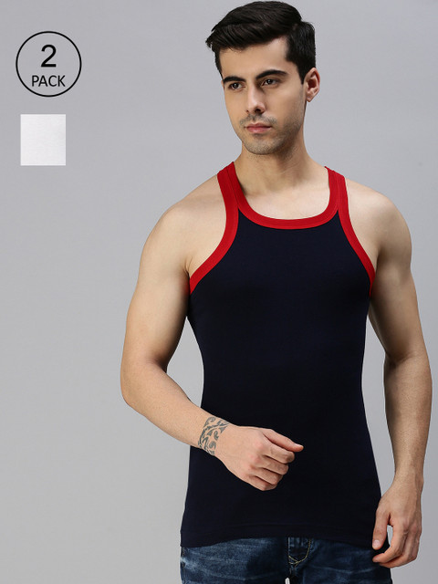 

Lux Cozi Men Pack Of 2 Navy & White Solid Pure Cotton Gym Vests, Navy blue