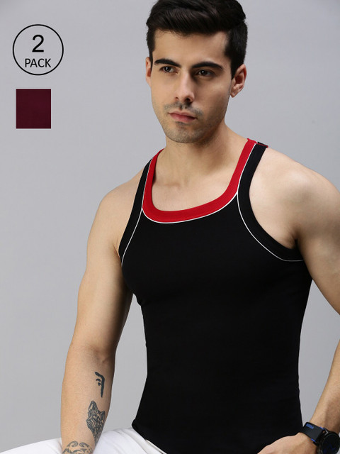 

Lux Cozi Men Pack of 2 Black & Maroon Solid Pure Cotton Innerwear Vests
