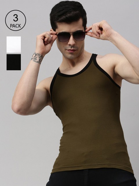 

Lux Cozi Men Plus Size Pack Of 3 Organic Cotton Gym Innerwear Vests, Olive