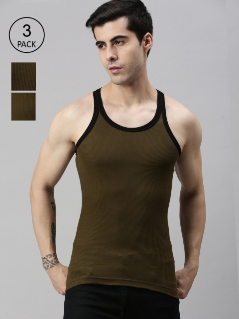

Lux Cozi Men Plus Size Pack Of 3 Solid Pure Cotton Gym Vests, Olive