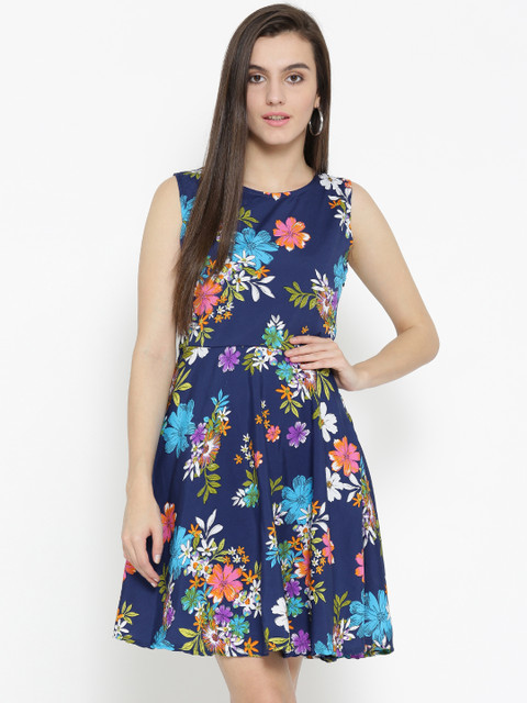 

U&F Women Blue & Pink Floral Print Fit & Flare Dress